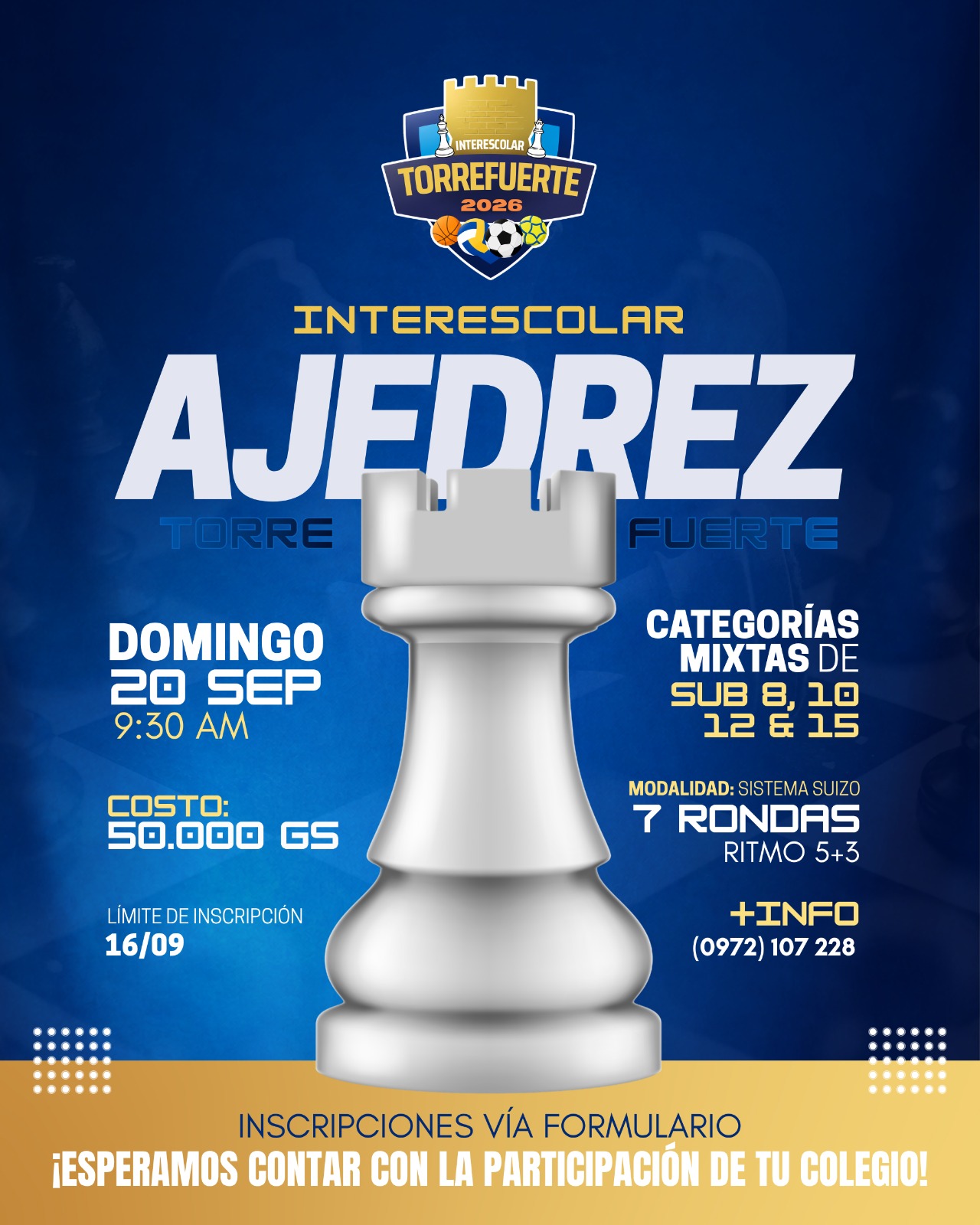 Flyer de invitación al Torneo Interescolar de Ajedrez Colegio Torrefuerte 2026